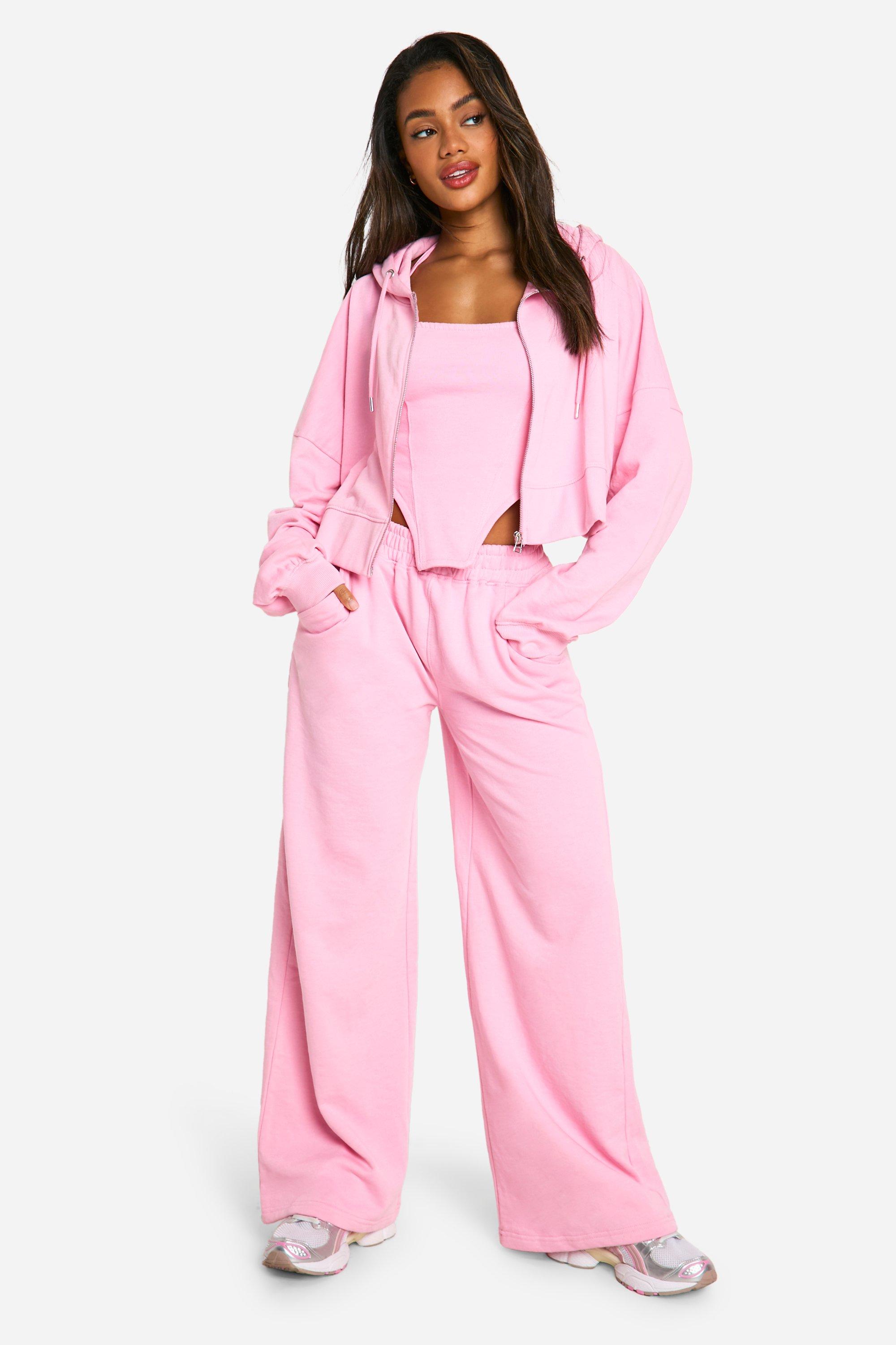 Womens Corset Top 3 Piece Boxy Crop Hooded Tracksuit - Pink - S, Pink